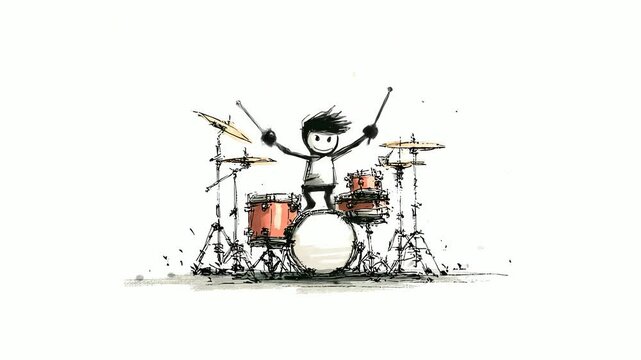 A simple cartoon sketch of a drummer happily playing a drum set with cymbals and drums