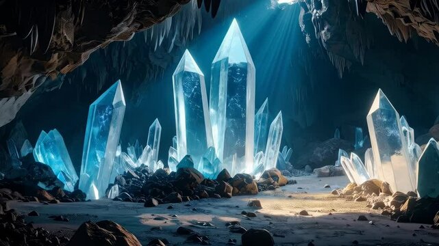 Crystal cavern illuminated by sunlight, showcasing geological formations with sharp stalactites and mineral deposits within a cavernous space.