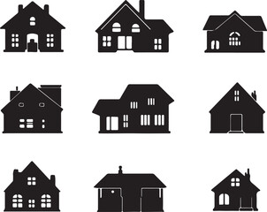 Black and White House Silhouettes: Vector Illustration of Home Icons for Real Estate, Architecture, and Design Projects. Building Clipart.