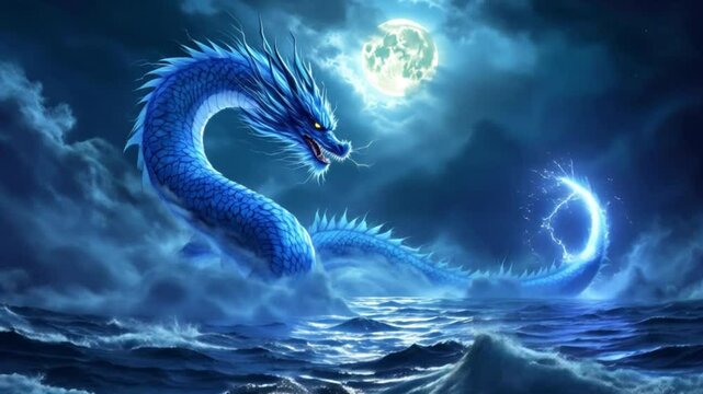 A magnificent blue dragon, its scales crackling with electric energy, rising from a turbulent ocean under a full moon