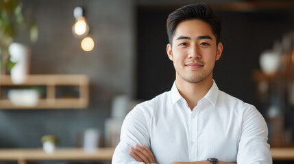 confident young Asian man in white shirt stands with crossed arms in modern workspace, exuding professionalism and approachability.