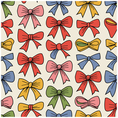 Obraz premium Seamless pattern with hand-drawn colorful bows in shades of red, pink, blue, yellow, green, and cream on a light background. Charming vector design perfect for gift wrap, party decorations, children's
