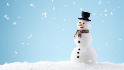 Obraz premium A cheerful snowman stands in freshly fallen snow, a festive top hat and scarf adding to its charm