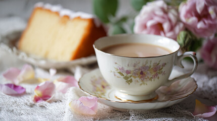 Afternoon tea with floral porcelain tea set, pretty sponge cakes, teatime set amid English garden roses in dappled countryside light