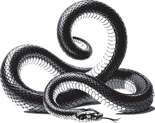 Intricate black and white vector illustration of a coiled snake with detailed scales
