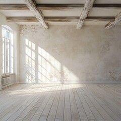 Sunlit empty room with exposed beams, brick wall, and wooden floor