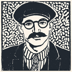 Portrait of a man with a mustache, round glasses, and beret. Vintage linocut style vector art. Retro artistic or intellectual character.