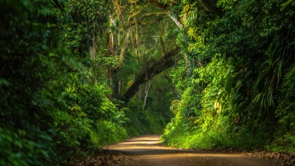 Obraz premium Sunlight dapples a dirt road winding through a lush, green, mossdraped forest