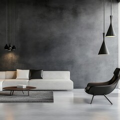 Modern minimalist living room with dark wall, white sofa, black armchair, and pendant lights