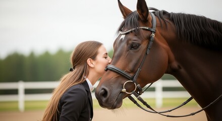 Obraz premium Young Woman Kissing Brown Horse; Equestrian Sport, Animal Love, Tender Moment