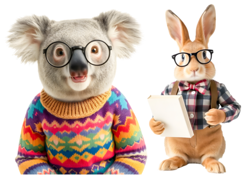  cute cartoon rabbit and koala bear with fun holiday gift box.