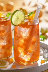 Refreshing bubble tea as summer drink with ice.