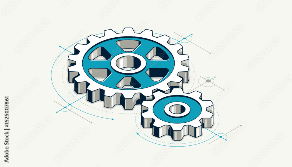 Poster mechanical engineering concept, gears and cogs with project drawing draft isometric 3d vector illust