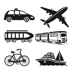 Transportation Icons Car, Plane, Train, Bike, Ship, and More