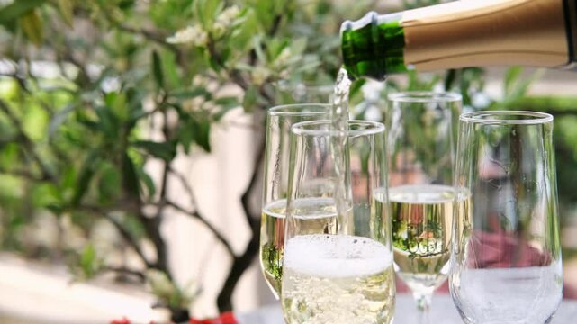 Pouring white wine or Prosecco into a glass from a bottle for an aperitif on the terrace