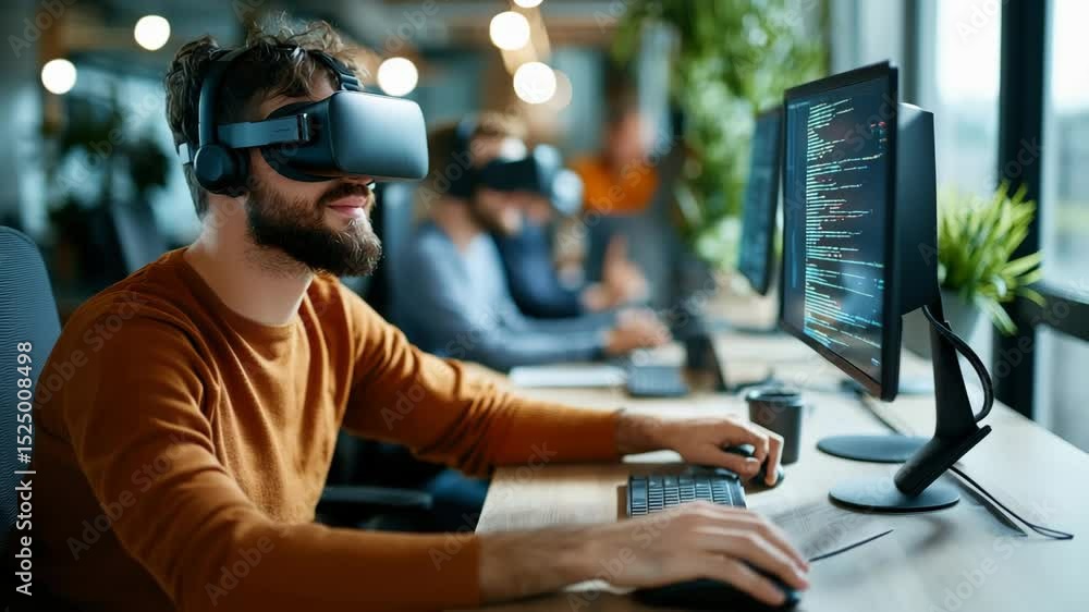 Poster young man programmer wearing virtual reality headset and headphones, coding computer modern office, 
