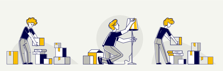 Moving to new apartment or business moving to new office, person carry and unpack boxes with stuff, beginning of new life, vector outline illustration.