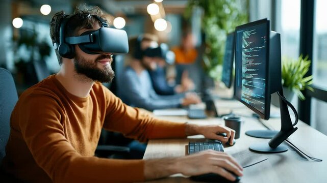 Young man programmer wearing virtual reality headset and headphones, coding computer modern office, technology innovation and creativity blend seamlessly, focused and engaged immersive technology - Powered by Adobe