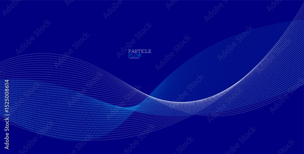 Poster dark blue abstract background, vector wave of flowing particles, curvy lines of dots in motion, tech