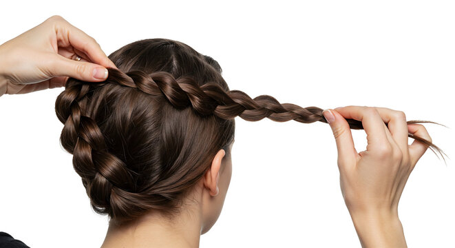 Woman arranging her braided hair, against white background, for beauty tutorials