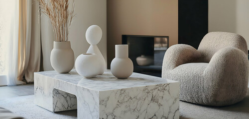 A refined interior with a stone coffee table, sculptural accents, and a boucle lounge chair in soft tones that combine for a stylish and warm atmosphere