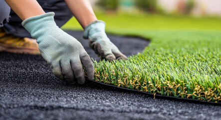 Worker installing artificial grass on black base layer in garden.