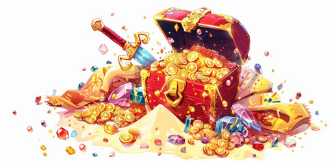 Treasure chest, sword, white background, cartoon style, game asset, bright colors. Gold coins, gems, red box shine boldly