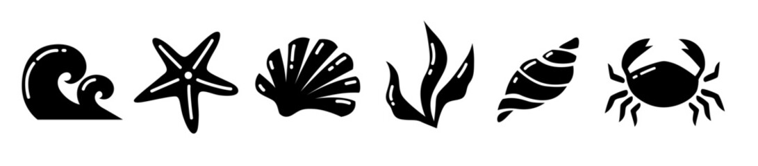 Sea Icon Set with Beach Silhouettes in Black. Includes Seashells, Crab, Star, Wave for Summer Design