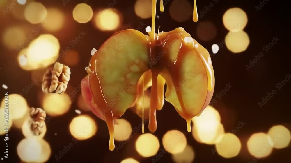 Poster Caramelcovered apple slices with walnuts float against a bokehlit backdrop