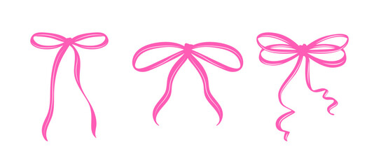 Set of Pink Coquette Bows in Different Styles. A Charming Collection of Feminine Hand-Drawn Ribbons with Playful Curves