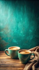 Warmly lit two cups of coffee sitting on a teal colored background with a subtle texture