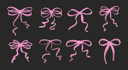 Set of Pink Coquette Bows in Different Styles. A Charming Collection of Feminine Hand-Drawn Ribbons with Playful Curves