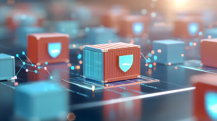 A digital illustration of secure shipping containers symbolizing cybersecurity, data protection, and digital networks.