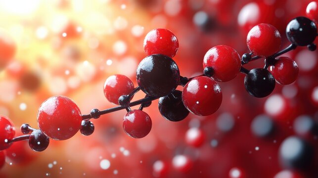 Abstract molecular structure model with red and black spheres on a gradient blurred background macro shot