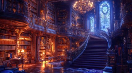 Magnificent ornate staircase in an ancient library illuminated by chandeliers and candles during twilight hours