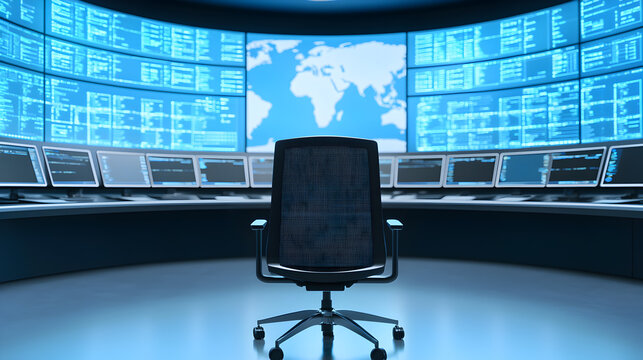 A modern control room with a central chair, surrounded by multiple computer monitors and large world maps on digital screens. - Powered by Adobe