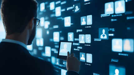 A man interacts with a digital network of profiles on a high-tech touchscreen interface.