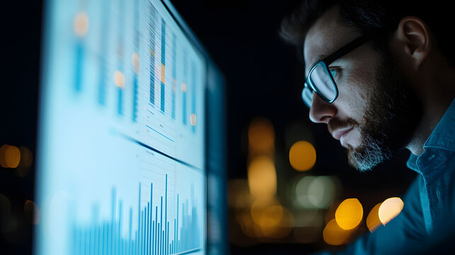A focused man analyzes data charts on a computer screen at night in an office with city lights in the background.
