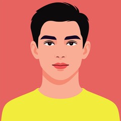 A modern vector illustration of a young man with neat black hair and a yellow shirt, set against a red background. Ideal for use in avatars, UI design, profile icons, and web applications.