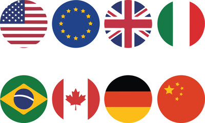 Group of International Flags USA, EU, UK, Italy, Brazil, Canada, Germany, China