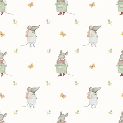 Watercolor mouses forest animals seamless pattern background