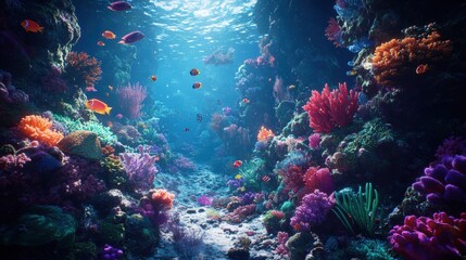 Vibrant underwater scene with coral reefs and sea turtles in a tropical ocean setting during daylight