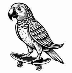 Cool Parrot Skateboarding Illustration, Black and White