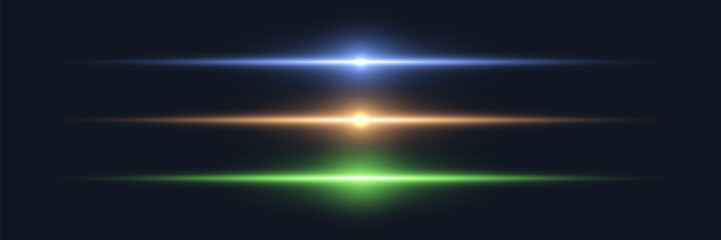 Set of horizontal neon glare and linear flashes. Vector EPS10