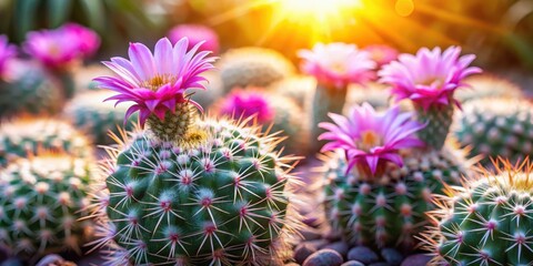 Obraz premium Soft focus on blooming mammillaria cactus flowers in garden with morning sun