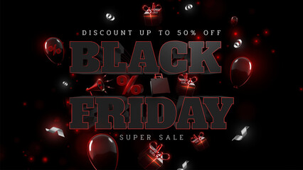 Black Friday sale banner background with 3D ornaments, gift boxes, balloons, megaphones, paper bags and red sale warning tape, vector illustration.