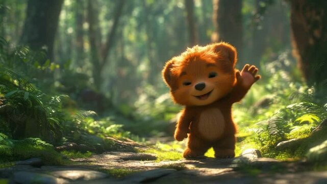 Cute cartoon bear in a lush forest