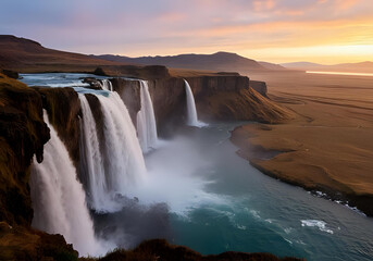 Beautiful natural landscape of waterfalls and mountains at dawn