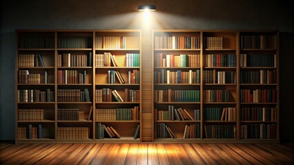 dimly lit room with spotlight shining on a bookshelf