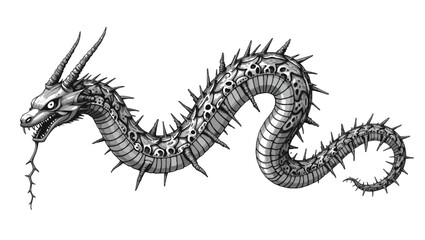 Steampunk Serpent Dragon Vector Illustration – Mechanical Snake-Like Creature with Gears and Armor Plating – Black and White Fantasy Sci-Fi Reptile Drawing